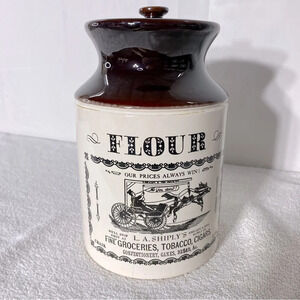 Vintage Ye Old Canadian Crockery Ceramic Abenakis Kitchen Crock Flour Canister